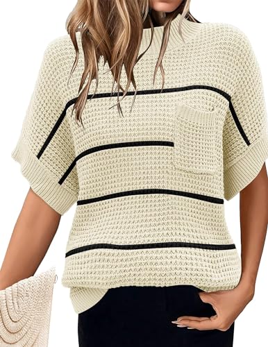 Image of Women 2026 Sweater Vest Mock Neck Batwing Short Sleeve Oversized Ribbed Knit Tops Fall Pullover Sweater S-XXL
