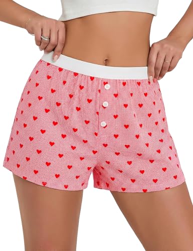 Frcdaunrs Women Boxer Shorts with Buttons Pajama Bottoms Checkered Shorts Trendy Beach Plaid Shorts Red Heart XL
