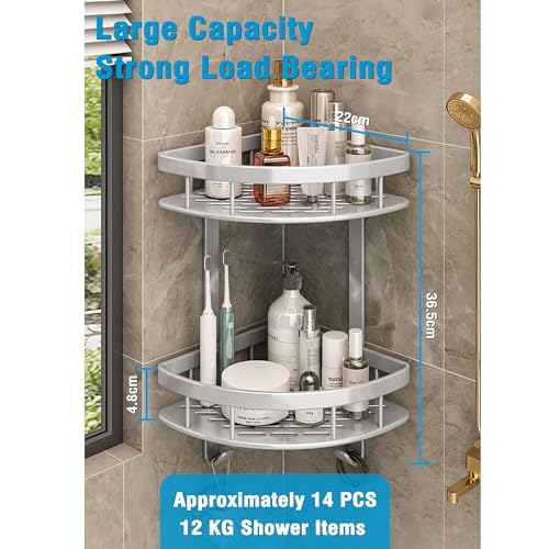 Miniatura 3 de Geruike Estanteria Baño Sin Taladro Cesta Ducha - Adhesivo Estanteria Ducha Esquina Cesta Baño - Organizador Baño Estante Ducha Sin Taladro, Aluminio, 2 Niveles Estantería Baño Plata