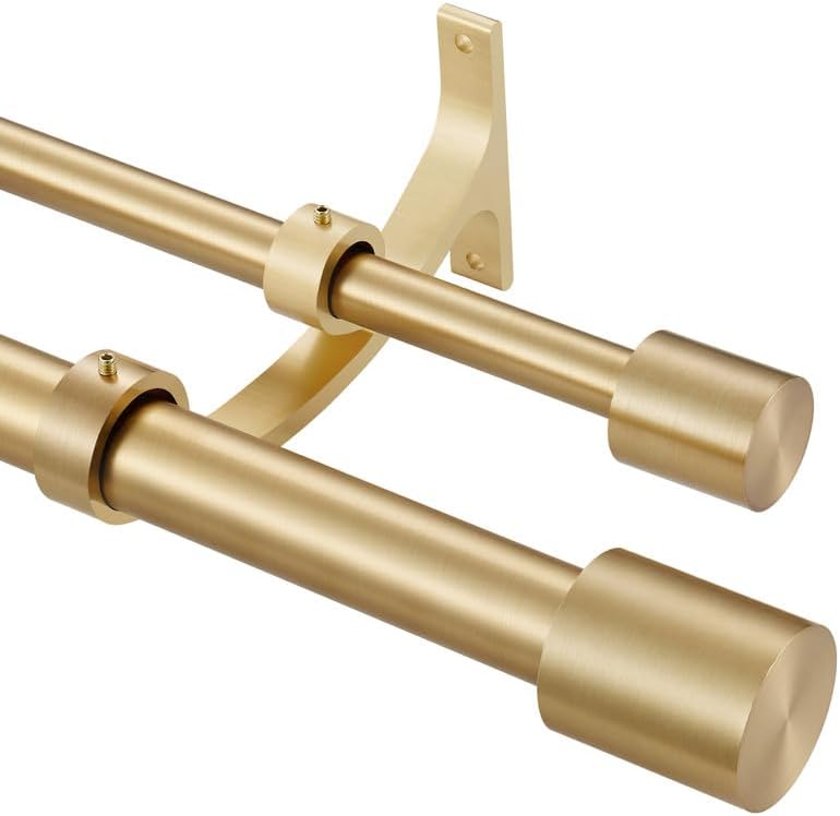 Warm Gold Double Curtain Rods 36-72" (3-6ft), Decorative Window Curtain Rod with Cap Finials, 1 Inch Front and 5/8 Inch Back Telescoping Dual Rod