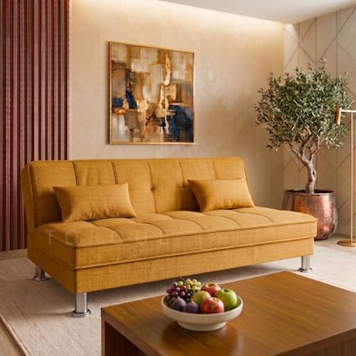 Image of Torque Milan 3 Seater Supersoft Sofa Cum Bed for Living Room & Bedroom | Premium Orange Polyster Fabric Foldable Sofa Bed | 6 x 4 Ft Sleeping Sofa | Space Saving Convertible Couch for Home & Guests