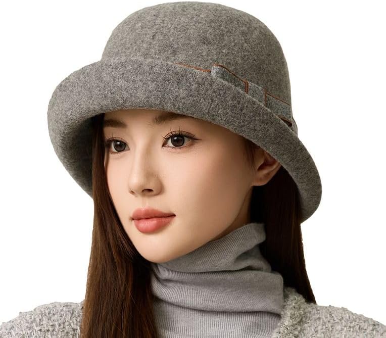 Women Vintage Felt Cloche Hats Winter Fall Solid Fedora Bucket Caps Elegant Bowler Hat Bowknot