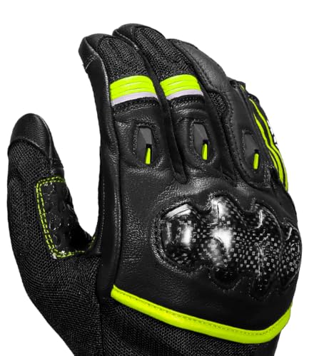 Image of Rynox Tornado Pro 5 Gloves | Semi-Gauntlet Motorcycle Riding Gloves with Carbon Fiber Protectors, Fast-R Palm Sliders | D3O Impact Foam and Touchscreen Compatibility - Black Hi Viz Green, Small
