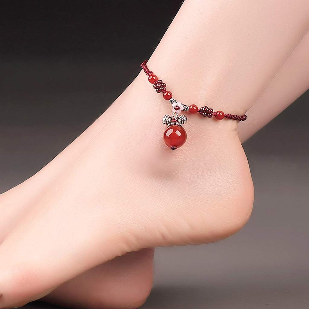 Fußkettchen Fußkettchen für Frauen, handgewebte Fußverzierung mit rotem Achat-Strand, verstellbare Kette, Fußkettchen, Fußschmuck, Freundin, Fußkettchen für Frauen