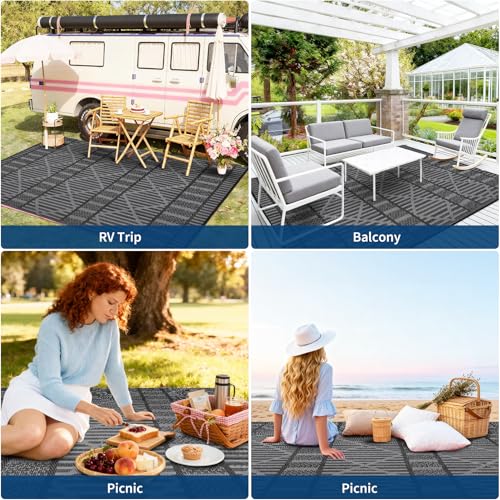 LUXLOOM 9x12 Waterproof Outdoor Rugs, Reversible Plastic Straw Clearance Rugs for Patios Boho Pattern Foldable Camping Carpet for RV, Porch, Deck, Backyard, Balcony, Black and Grey by LUXLOOM - Image 5