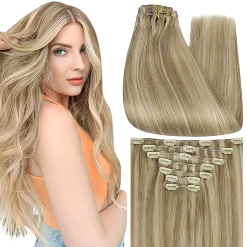 Image of Full Shine Clip in Hair Extensions Blonde Highlights | Real Hair Extensions Clip in Human Hair, Color 16P22 Golden Blonde Highlighted, Straight, Full Head, 7 Pcs 22 Inch 120g