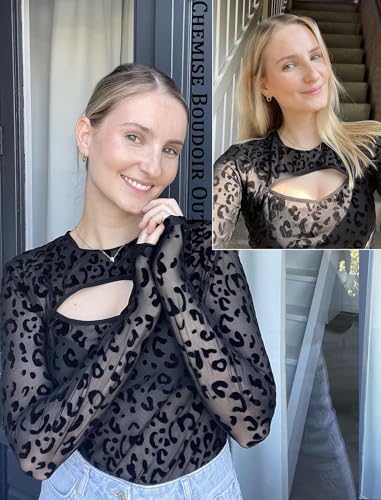 Image of GirlFriend Mesh Bodysuit for Women Long Sleeve Body Suit Sexy Tops Cut Out Leotard See Through Shirts Sheer Rave Outfits