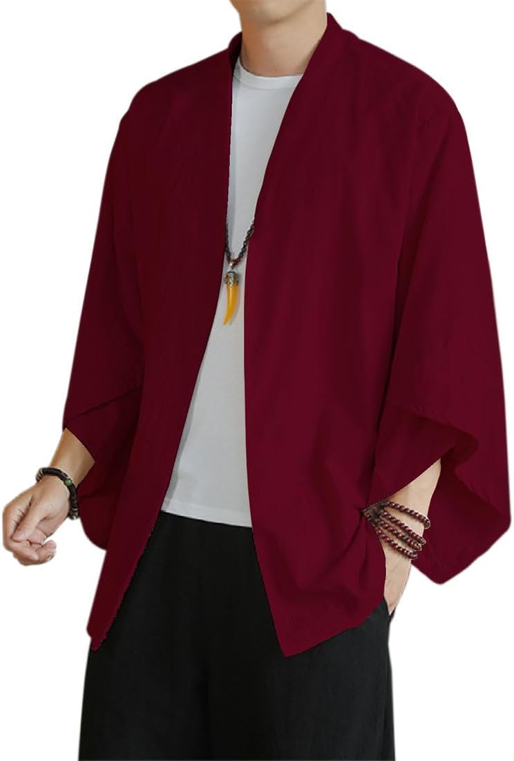 HZCX FASHION Men's Kimono Cardigan Lightweight Jackets Linen Haori Samurai Robe
