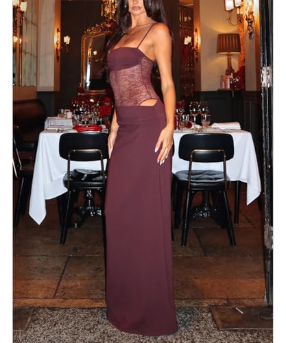 Women Sexy Lace Patchwork Maxi Dress Spaghetti Straps Y2K Sheer Long Bodycon Club Cocktail Dresses2