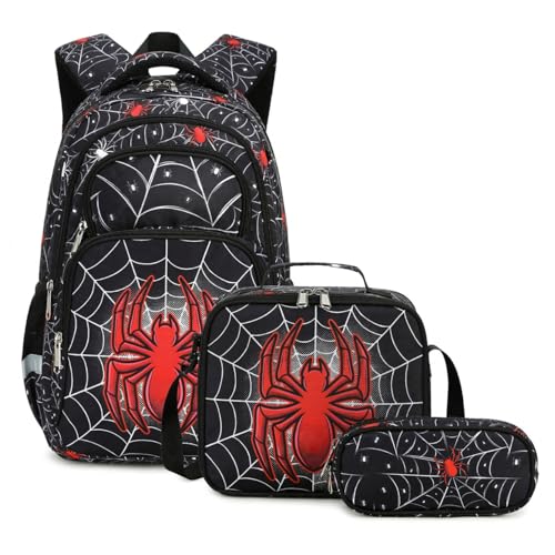 Image of Cusangel kids Backpack with lunch box for School Boys Girls 8-12ages,16in Bookbag Stitch,durable Water Resistant,7 Pockets, Adjustable Chest Strap,Large For Travel,Gifts (Red Spider Set-17in)