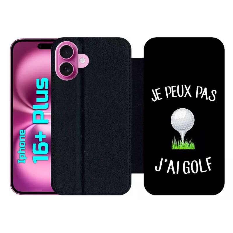 Étui à rabat pour iPhone 16 Plus en simili-cuir noir avec motif Golf