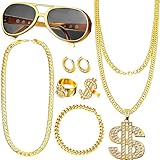 Tatibana Hip Hop Costume Kit, 8PCS 80s 90s Accessories Outfit for Men Old School Rapper Sunglasses Faux Gold Rope Chain Bracelet Dollar Sign Chain Ring Halloween Party Decorations