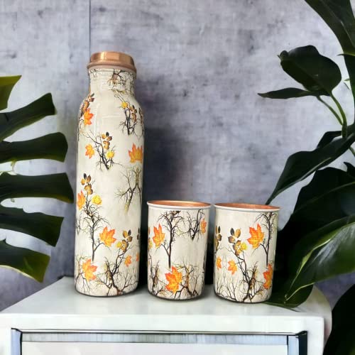 Image of Copper Water Bottle 1 Ltr | Copper Water Bottle with Glass Set | Meena Work | 100% Pure | Leak-Proof | 2 Water Glass 300ml each | Best for Gifting ((Meena Worked - Leaf Design - 1))