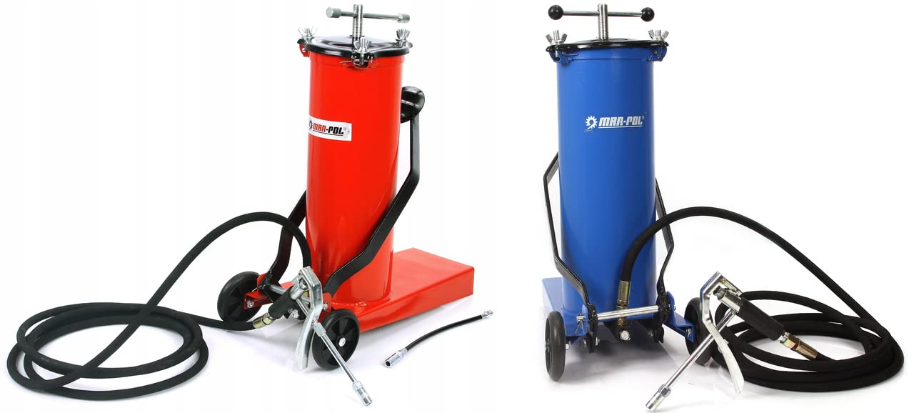 Ingrassatore Pneumatico a Barile 6L 360 Bar Lubrificatore Grasso a Pedana Tubo 4m | con Ruote | Azionamento Leva | 2 estremità Rigida e Flessibile