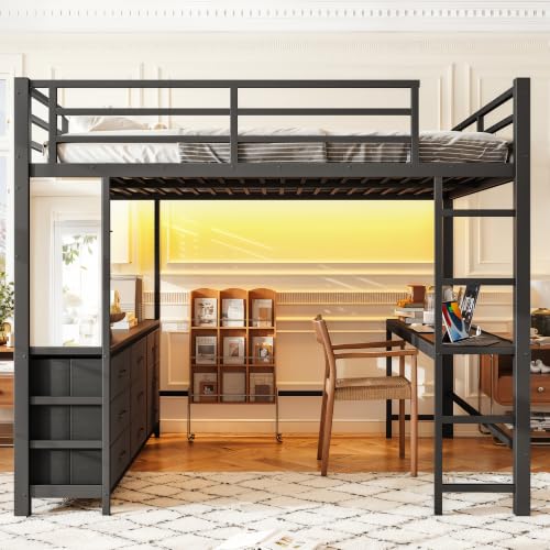 Image of Bellemave Queen Size Loft Bed Frame with Desk and Storage Drawers,Black