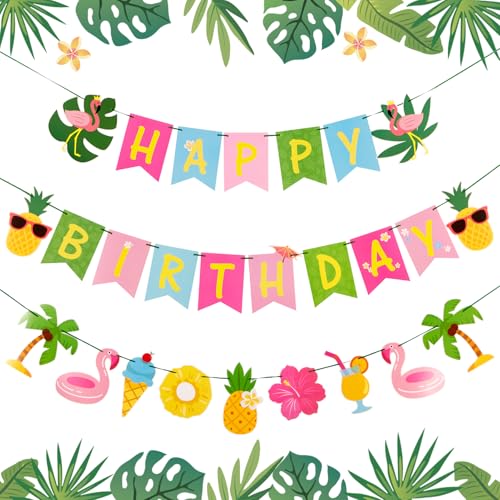 Image of SUNBEAUTY Hawaiian Happy Birthday Banner Tropical Luau Party Birthday Flamingo Pineapple Palm Leaf Banner for Summer Birthday Party Decorations Supplies | Pre-Strung