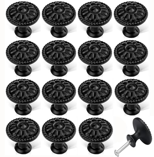 Bessy shop Tirador de Puerta,16 PCS Manija Tirador Armario con Patrón de Flores,Pomos para Muebles Negros Vintage,pomos Redondos para Gabinete,Decoración Retropara Cocina/Dormitorio