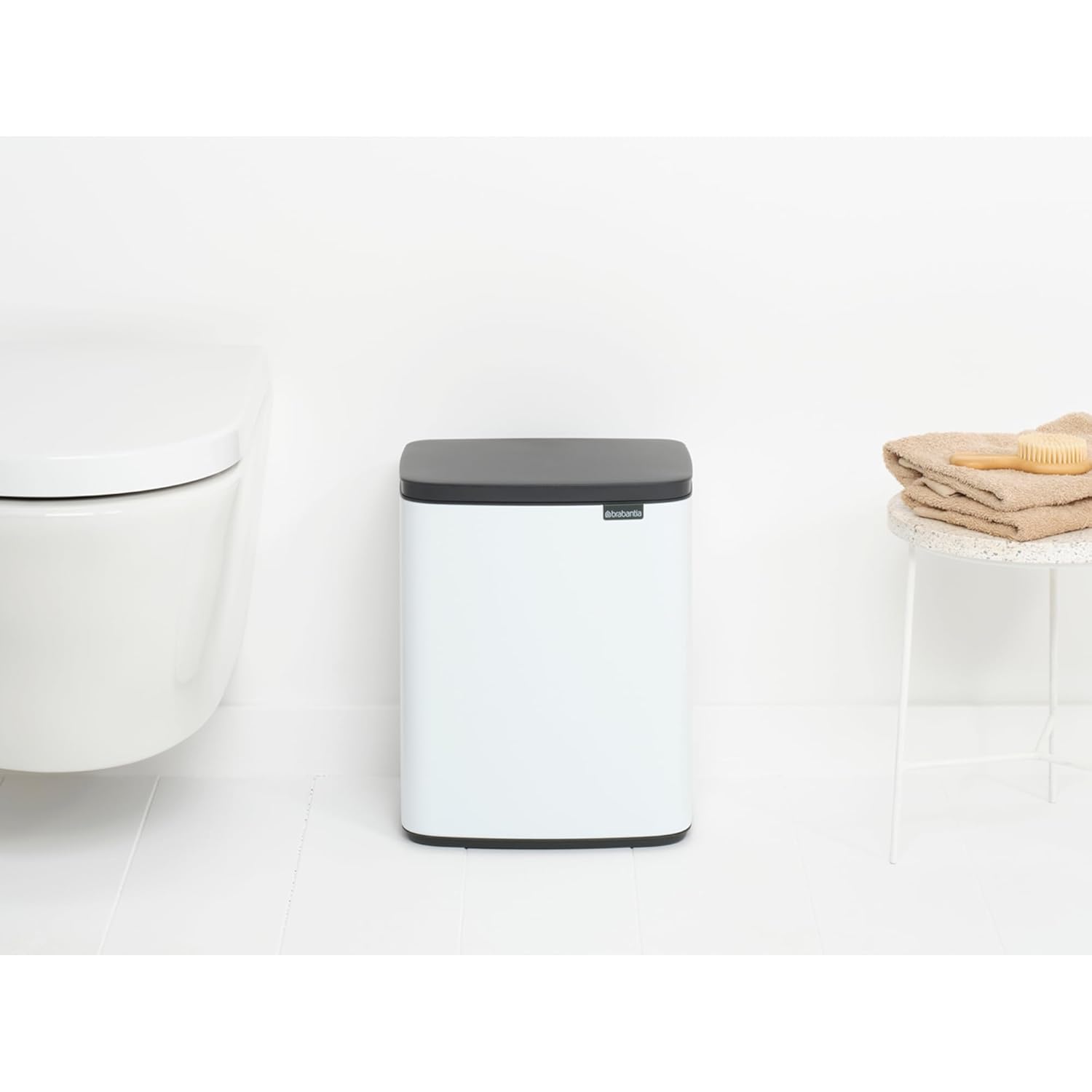 Brabantia Bo Small Lift-Open Trash Can | 3.2 Gal / 12L | White | Free Standing Bedroom, Bathroom, Nursery Trash Can, Removable Inner Bucket, Non-Slip Base | +Trash Bags