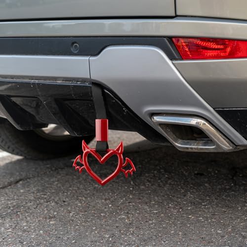 Image of 2 Pcs Devil Heart Shaped Car Handle Strap - JD M Drift Charm Rear Bumper Warning Ring Decor for Car Interior Exterior, Subway Bus Handle Accessory, Cute Heart Car Decor Gift (Red-Wing)