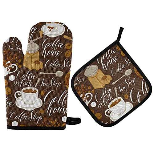 QUGRL Tea Coffee Theme Pattern Oven Mitts and Pot Holders Sets Retro Style Hot Pads Heat Resistant Cooking Gloves Handling Kitchen Cookware Bakeware BBQ