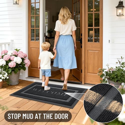 Image of OLANLY Welcome Door Mat Outside Entrance 29.5x17, Absorbent, Heavy Duty Sturdy Natural Rubber Doormat Indoor Outdoor, Non-Slip, Stain and Fade Resistant, Low Profile Floor Mat for Entryway, Black