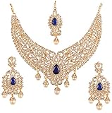 Touchstone Indian Bollywood Desire Legendary Style Faux Blue Sapphire Grand Designer Bridal Jewelry Necklace Set In Antique Gold Tone For Women