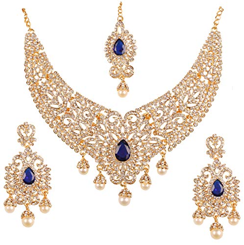Touchstone Indian jewelry bollywood for women statement necklace sets wedding royal bridal ornaments big large matha tikka statement rajasthani mangtika traditional in antique gold or white tone