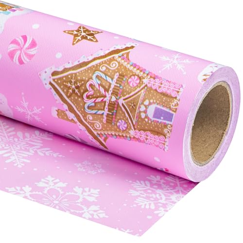 WRAPAHOLIC Reversible Gingerbread Christmas Wrapping Paper - Mini Roll - 17 Inch x 33 Feet - Pink Gingerbread House and Snowflake with Embossed for Christmas Holiday Party Celebration