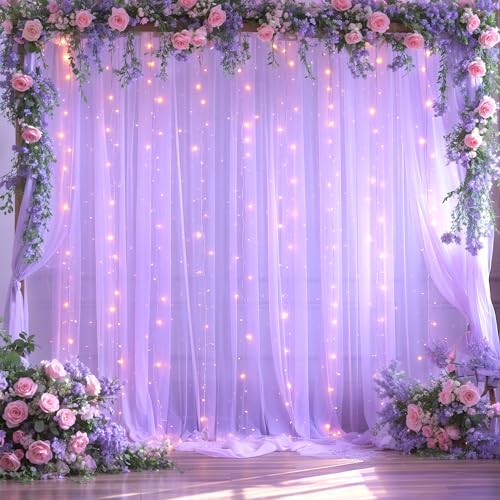 10ft x 10ft Lavender Tulle Photo Backdrop Curtain with Lights