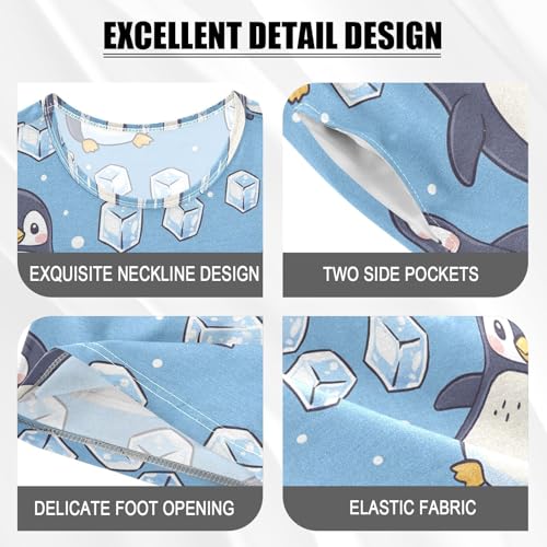 ALAZA Penguin Blue Cartoon Pajamas Set Short Sleeve Cotton Sleepwear Summer Pjs 2 Piece 5-14Y4