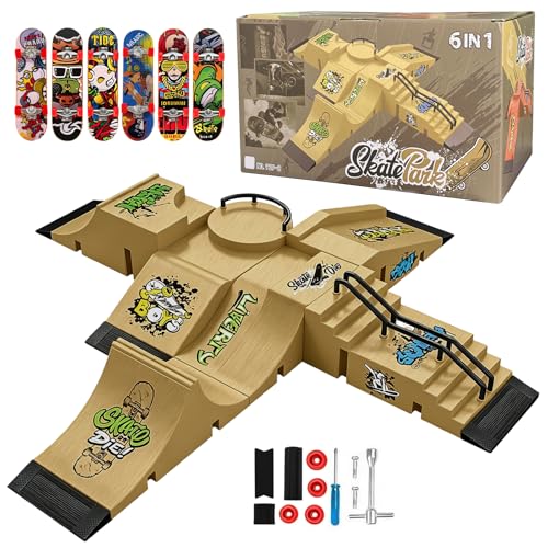 6-in-1-Finger Skateboard Park Set Enthält 6 Fingerboard Rampe Sowie 6 Mini-Finger-Skateboards und Eignet sich Ideal für Griffbrett-Liebhaber als Kinderspielzeug oder als Übungsset für Anfänger