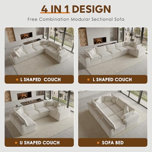 Image of 130 inch Boneless Cloud Couch, Modular Sectional Couches for Living Room, U Shaped with Deep Seats, No Assembly Required, 6 Seater Washable Fabric Sleeper Sofa, White