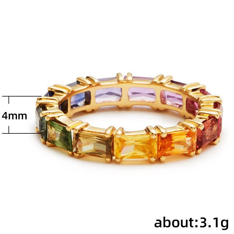 14K Gold Plated Rainbow Baguette Cubic Zirconia Ring Multicolor Square Crystal Eternity Finger Ring for Women Anniversary Birthday Jewelry Gift Size 6-102