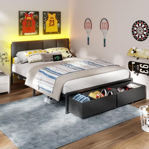 Image of Furnulem Queen Bed Frame with Adjustable Headboard, Upholstered Bed with 2 Storage Drawers, Built-in USB Charging Station & LED Lights, Platform Bedframe with Metal Slats, No Spring Box Needed, Grey