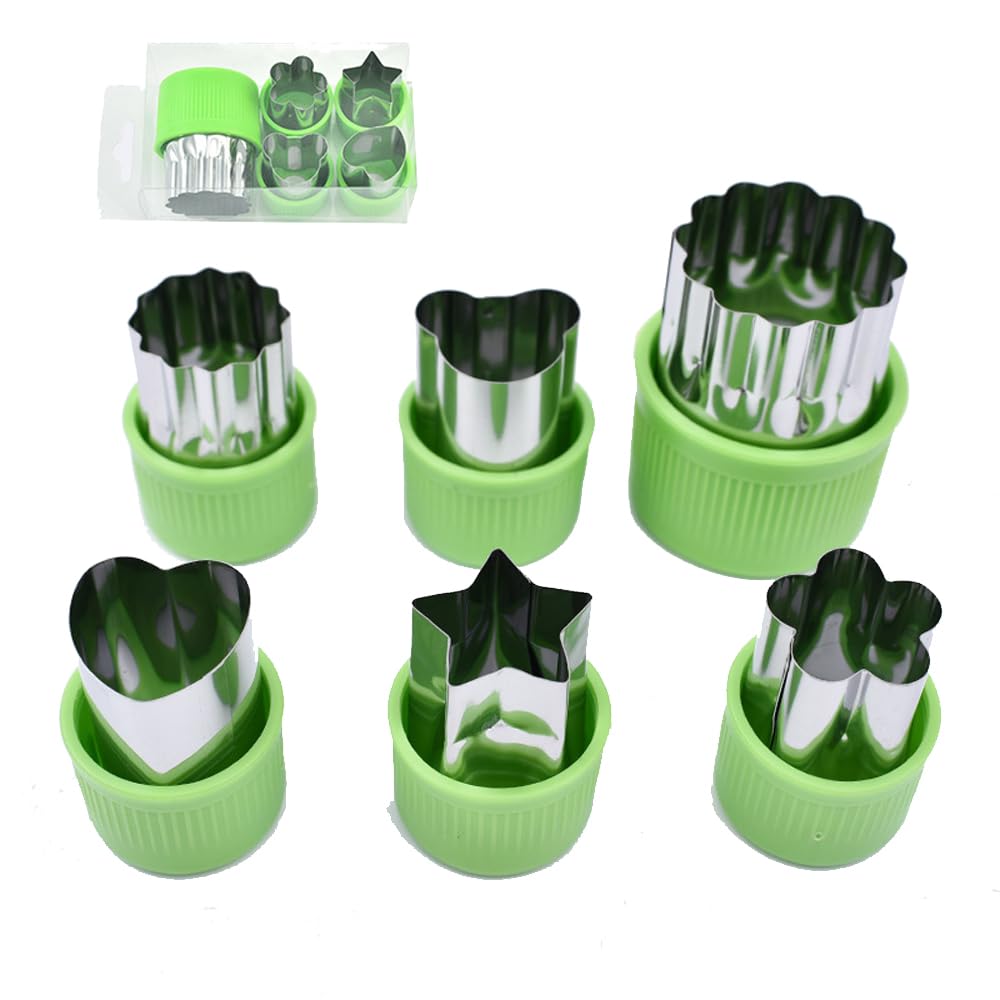 Vegetable Fruit Cutter Stainless Steel Food Mini Pie Cookie Stamps Mould Cookie Cutters Shapes Set with Anti-Slip Protection Handle for Kid Baking (6 Shapes Green)