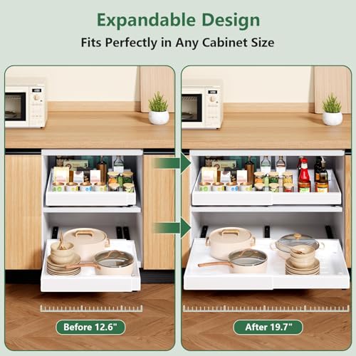 Pull Out Cabinet Organizer, 21" Deep, Expandable(12.6"-21.3"), Slide Out Drawers for Cabinets with Adhesive, Adjustable Roll Out Shelves for Kitchen Pantry (White-2 Pack, 21"D x 12.6"W x 2.76"H)