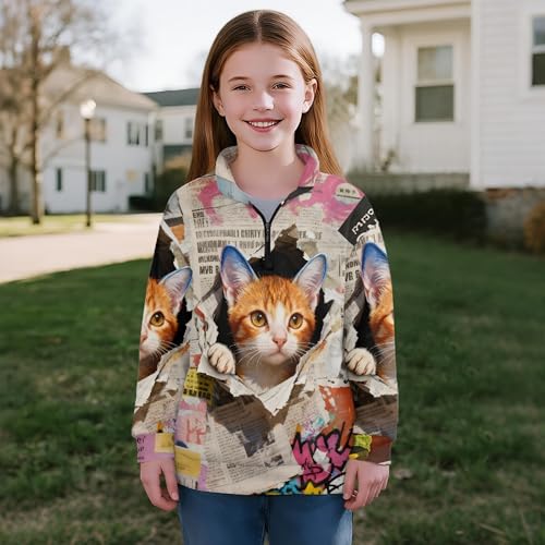 Image of AmzPrint Girls Graphic Quarter Zip Coat Long Sleeve Lightweight Oversized Athletic Running Hoodies For Kids Teen Girls