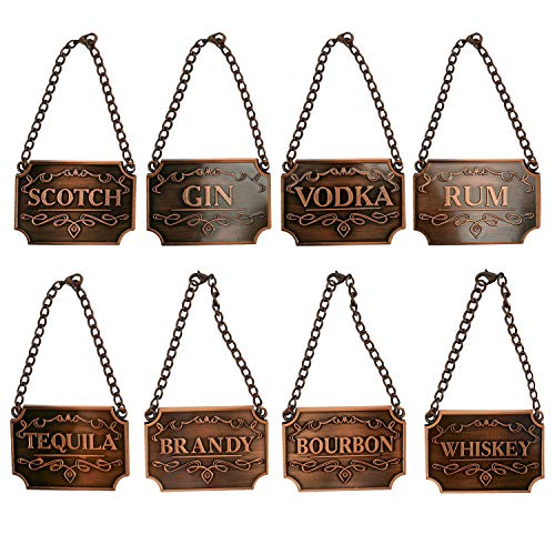 Homend Liquor Decanter Tags, Deluxe Set of Liquor Tags for Bottles or Decanters, Set of Eight With Adjustable Chain Features - Whiskey, Bourbon, Scotch, Gin, Rum, Vodka, Tequila and Brandy (Copper)