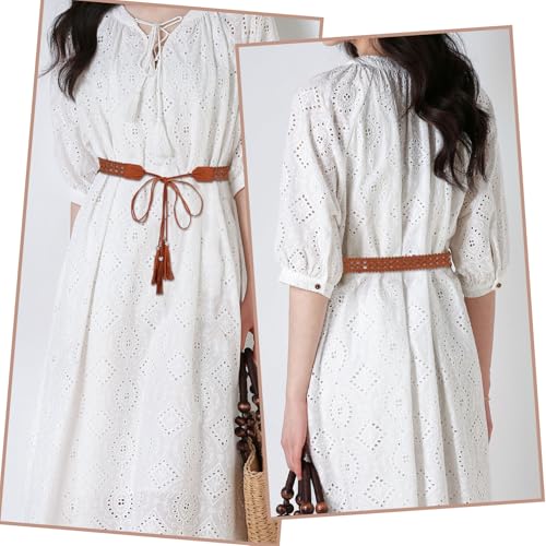 NICENEEDED Boho Braided Tassel Belt, 1.1 X 67.72 Inch PU Leather Cowgirl Vintage Hollow Floral Waistband with Wax Rope, Skinny Waist Belt for Dresses Skirt Pants2
