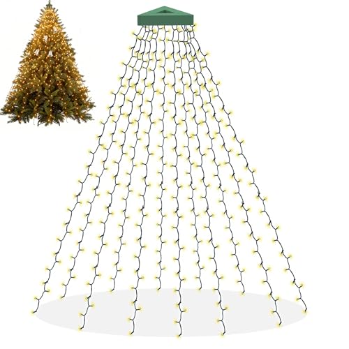 Christmas Tree Lights, 400 LED Cascading Twinkle Waterfall Lights with 8 Light Modes & Memory Function, 6.6FT x 16 Lines Outdoor Xmas Light for Christmas Tree Toppers Decoration - Warm White