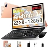 Tablet 10 Zoll Android 14, 22 GB RAM + 128 GB ROM (1 TB TF), Widevine L1/Octa-Core/2,0 GHz/5G WiFi/8000 mAh/BT 5.0/5+8MP/unterstützt Neflix/Metallhülle/Tablet mit Tastatur und Maus – Golden