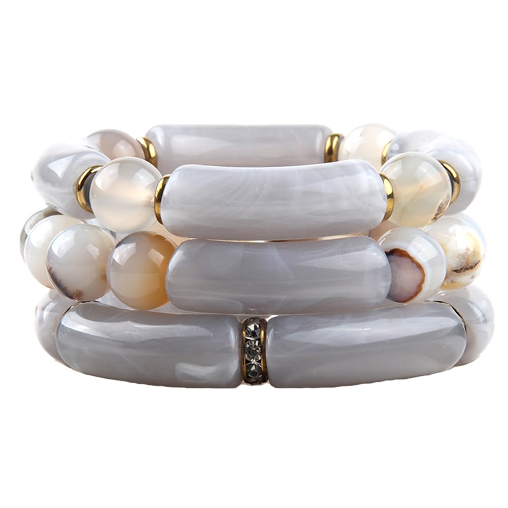 Yomisa 3PCS Acrylic Bamboo Tube Bangles Bracelet/Boho Gemstone Beaded Stackable Bracelets for Men Women,Handmade Wrap Bracelet Unisex Friendship Resin Western Jewelry Stretch Bracelets Set