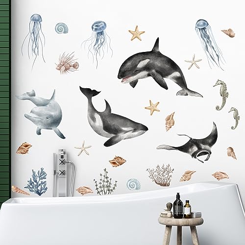 Rw-96221 Giant Ocean Animals Wall Decals Blue Grey Whales Ocean View Wall Stickers Diy Removable Marine Sea Life Seaweed Whelks Wall Art Decor For Kids Teens Bedroom Living Room Nursery Playroom Decoration #TOP4