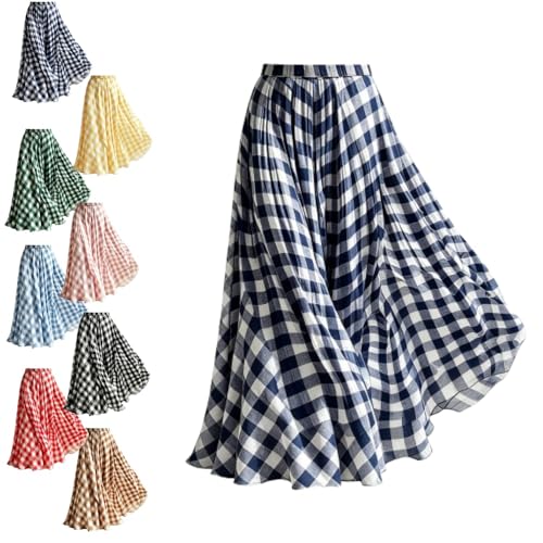 2026 Boho Skirts for Women Plaid Maxi High Waist A-Line Loose Fit a Line Flowy Long Skirt for Beach Vacation (Dark Blue,XL) [���s�A