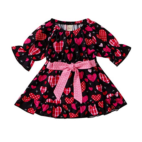 Toddler Baby Girl Valentine's Day Dress Long Sleeve Love Heart Print Red Dress Outfit with Bowknot (Red, 4-5 Years)