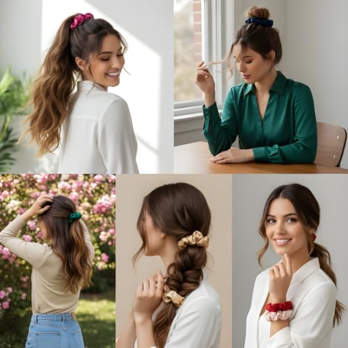 Image of VELVERI 4PACK Premium Satin Scrunchies | Vibrant Multicolor Pack | Soft & Silky Ponytail Holders for Women and Girls | Strong Elastic Hair Ties | Strong Hold Elastic Hair Bands for Women (PACK OF 4)