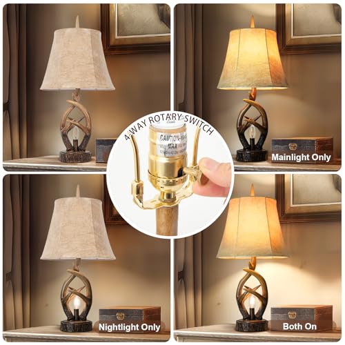 Scenekoy Rustic Farmhouse Antlers Bedside Table Lamp Set Of 2 With Nightlight Dual Usb Ports Leather Soft Bell Shade Brown Finish Nightstand Lamp Decor For Living Room Bedroom Office House Hotel thumb #2