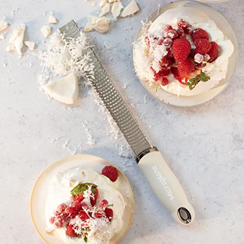 Image of Microplane Zester Grater in Cashmere Beige for Citrus Fruits, Hard Cheese, Ginger, Chocolate and Nutmeg with Fine Stainless Steel Blade - Made in USA