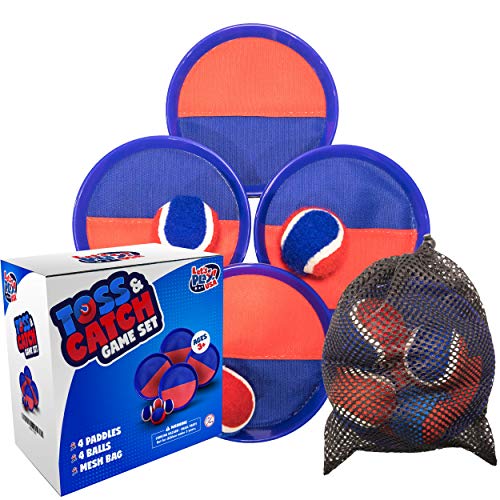 Toss and Catch Ball Game - Premium Set Sticky Waterproof Paddles - Fun Family Game to be Enjoyed Indoors or Outdoors at The Beach / Backyard / Lawn / Camping - Storage Bag Included (4 Pack)