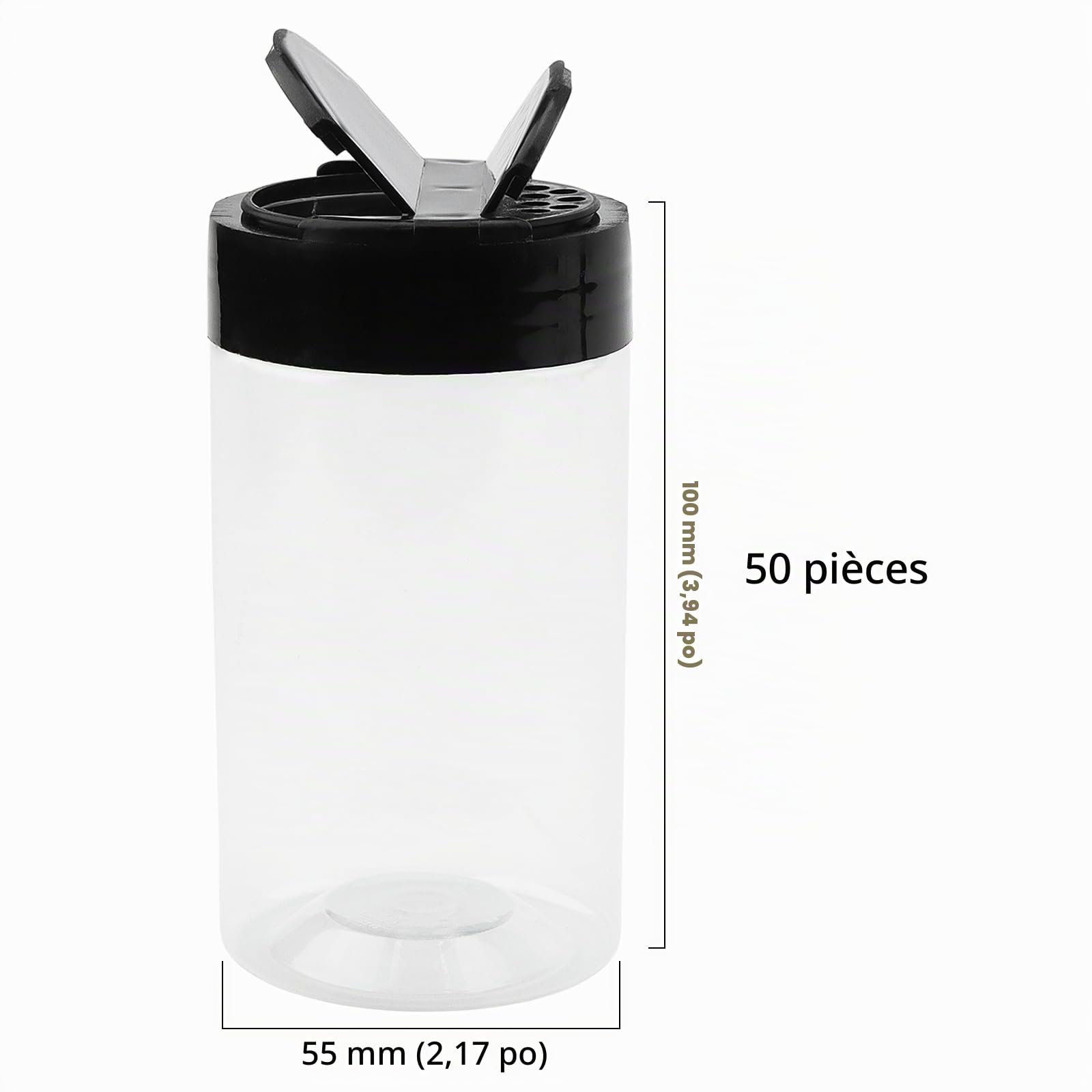 Lot de 50 pots à épices en plastique transparent avec couvercle à rabat noir, 200 ml